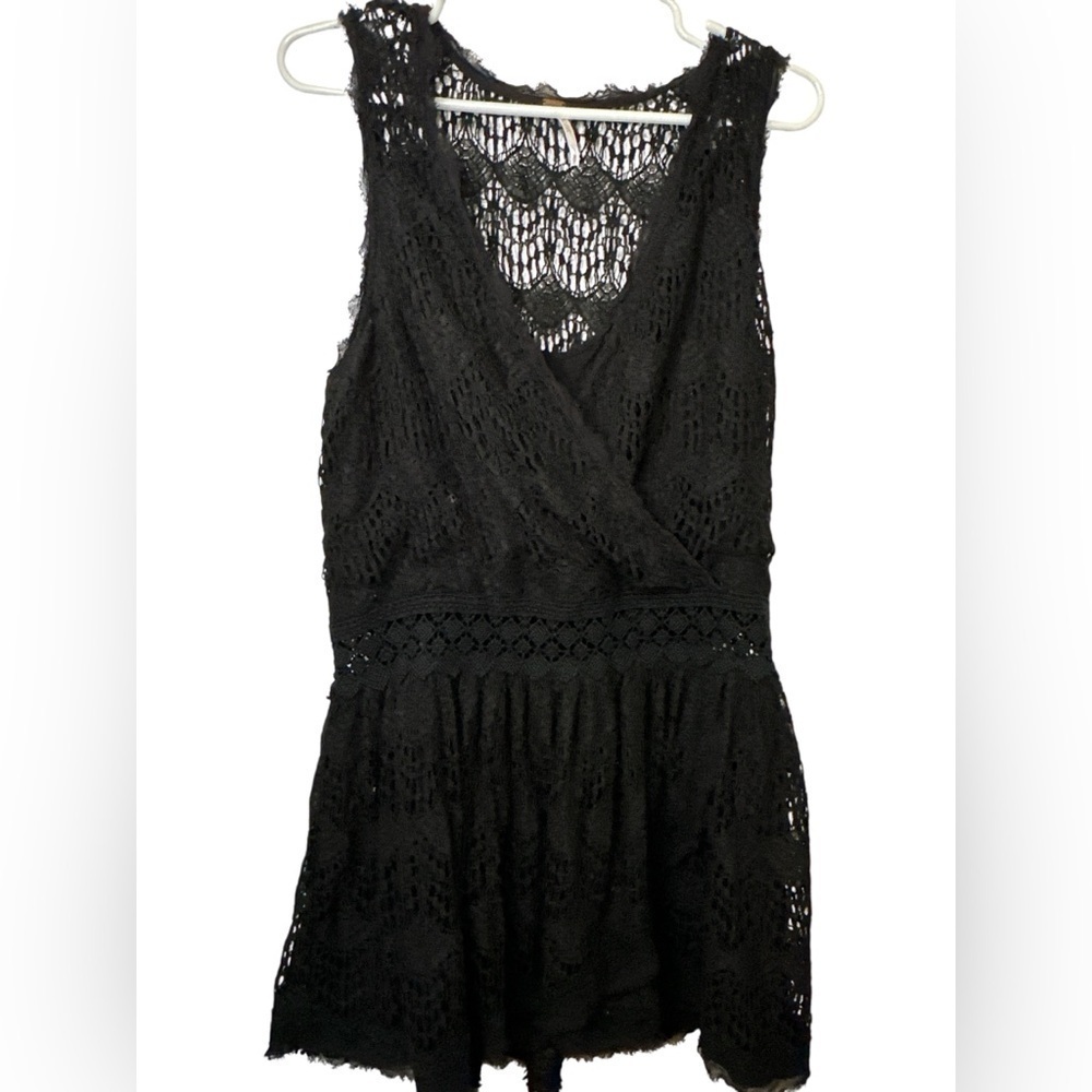 FREE PEOPLE FIRST BLOOM SLEEVELESS LACE & CROCHET DRESS BLACK